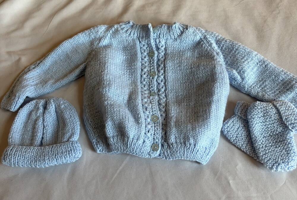 Handmade Baby Girls Knitted Solid Baby Blue 3 Piece Sweater Set